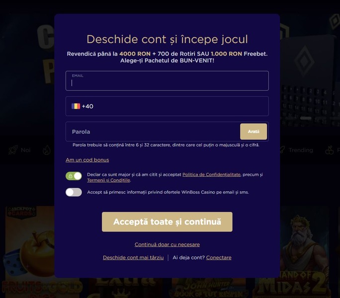 Formular de înregistrare WinBoss Casino